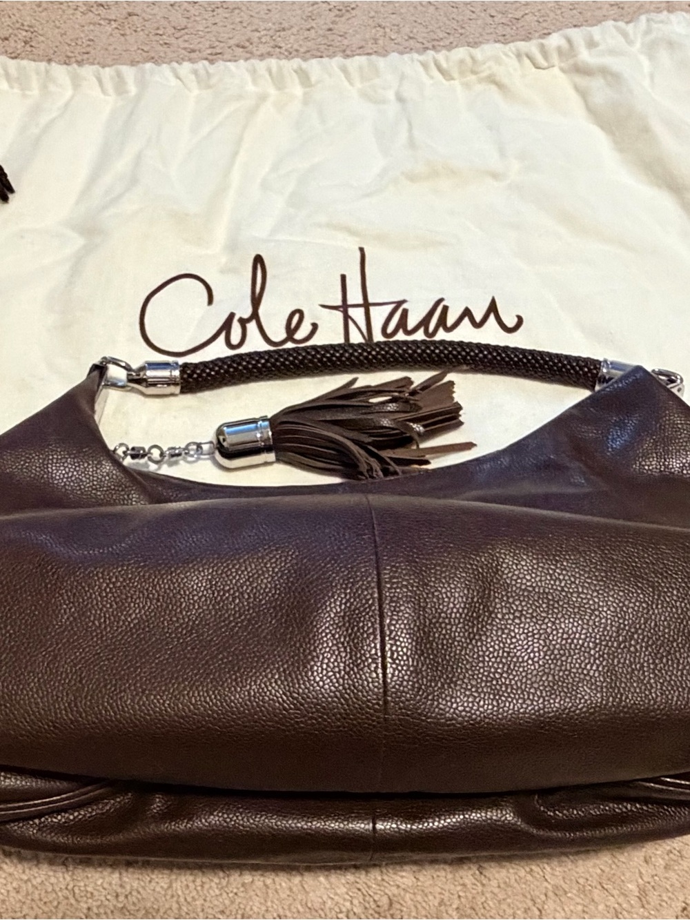 Cole Haan Dark Brown Leather Hobo with Braided Handle and Tassel
